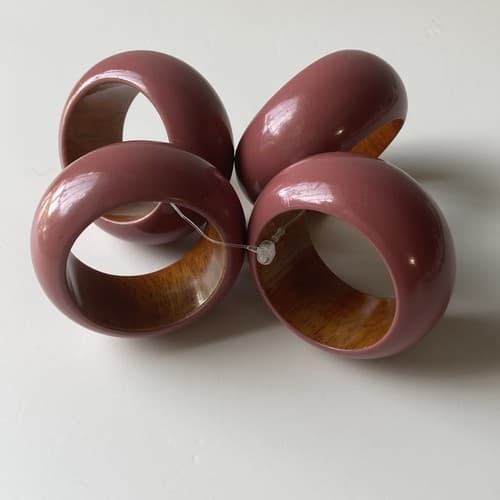Vintage Boho Wood Napkin Rings Set Of 4 Lilac Lacquered Made India Post Modern - Thumbnail 2