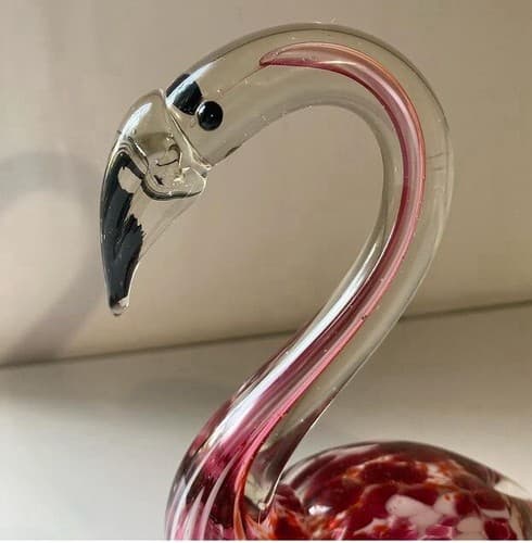 Art Glass Hand Blown Pink Clear Speckled Glass Flamingo Paperweight Figurine 6” - Thumbnail 6