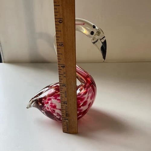 Art Glass Hand Blown Pink Clear Speckled Glass Flamingo Paperweight Figurine 6” - Thumbnail 2