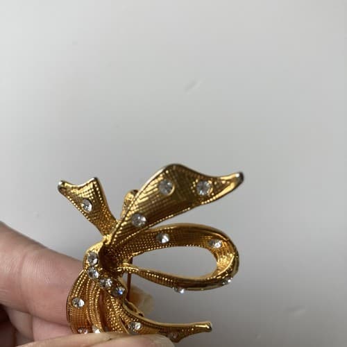 Vintage Estate Ribbon Brooch Rhinestones Lolita Kawaii Vtg Jewelry 80s Gold Tone - Thumbnail 6