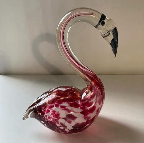 Art Glass Hand Blown Pink Clear Speckled Glass Flamingo Paperweight Figurine 6” - Thumbnail 5