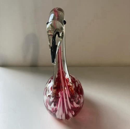 Art Glass Hand Blown Pink Clear Speckled Glass Flamingo Paperweight Figurine 6” - Thumbnail 9