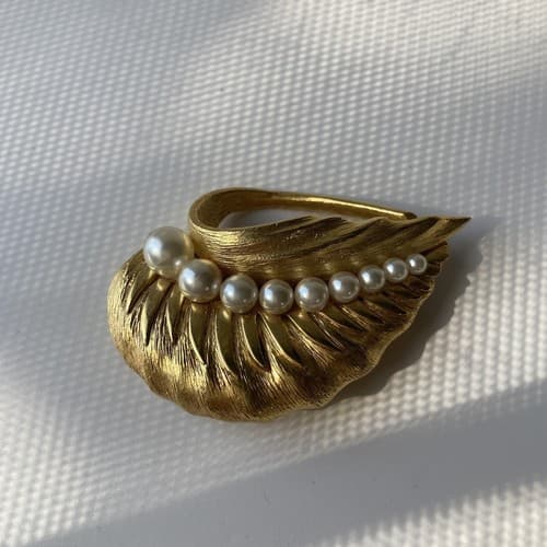 Vintage Anne Klein Estate Brooch Leaf Tone Faux Pearls Vtg Jewelry 80s Luxe - Thumbnail 9