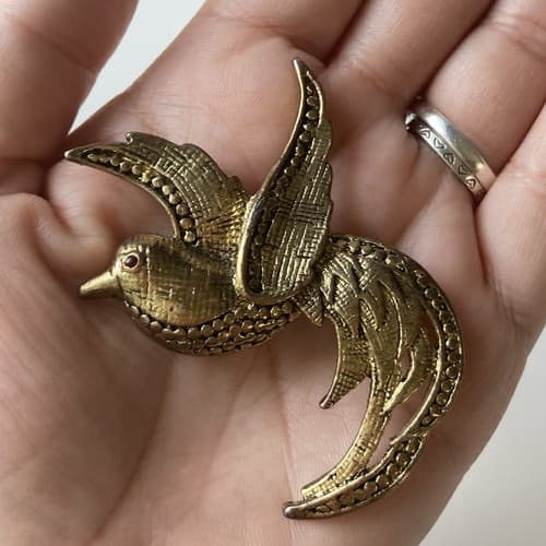 Vintage Bird Of Paradise Brooch Antiqued Rhinestone Eye Avian Estate Jewelry Vtg - Thumbnail 9