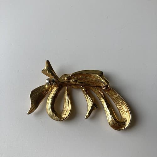 Vintage Estate Ribbon Brooch Rhinestones Lolita Kawaii Vtg Jewelry 80s Gold Tone - Thumbnail 4