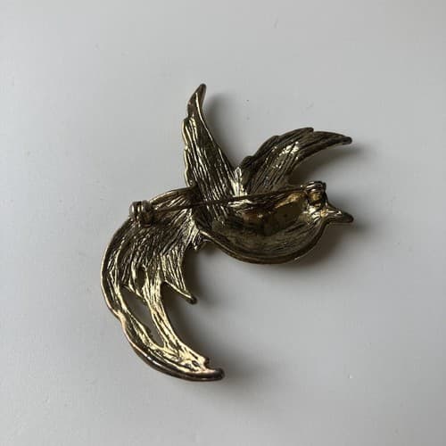 Vintage Bird Of Paradise Brooch Antiqued Rhinestone Eye Avian Estate Jewelry Vtg - Thumbnail 4