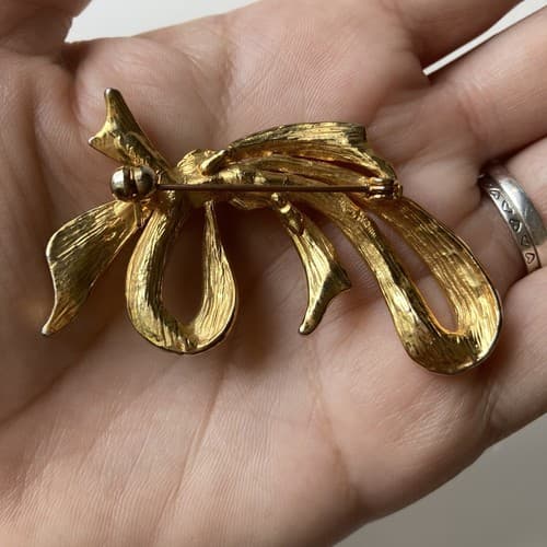 Vintage Estate Ribbon Brooch Rhinestones Lolita Kawaii Vtg Jewelry 80s Gold Tone - Thumbnail 7