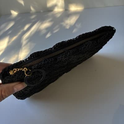 Vintage Black Beaded Scalloped Evening Clutch Bag Wallet Mini Seed Bead Retro - Thumbnail 9