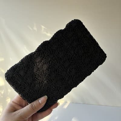 Vintage Black Beaded Scalloped Evening Clutch Bag Wallet Mini Seed Bead Retro