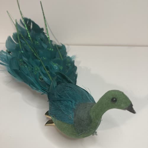 Vintage Christmas Turquoise Figural FeatheredPeacock Bird Clip On Ornament Large