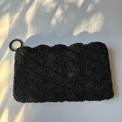 Vintage Black Beaded Scalloped Evening Clutch Bag Wallet Mini Seed Bead Retro - Thumbnail 12