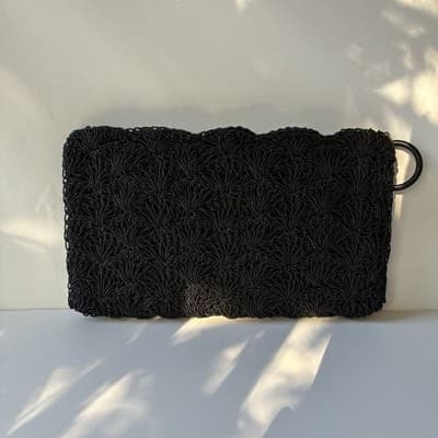Vintage Black Beaded Scalloped Evening Clutch Bag Wallet Mini Seed Bead Retro - Thumbnail 2