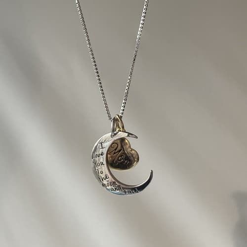 Sterling Silver 925 Mom I Love You To The Moon and Back Pendant Necklace Italy