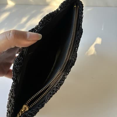 Vintage Black Beaded Scalloped Evening Clutch Bag Wallet Mini Seed Bead Retro - Thumbnail 8