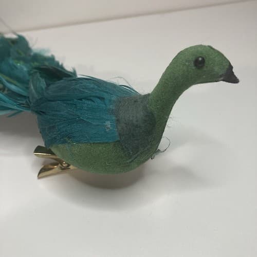 Vintage Christmas Turquoise Figural FeatheredPeacock Bird Clip On Ornament Large - Thumbnail 4