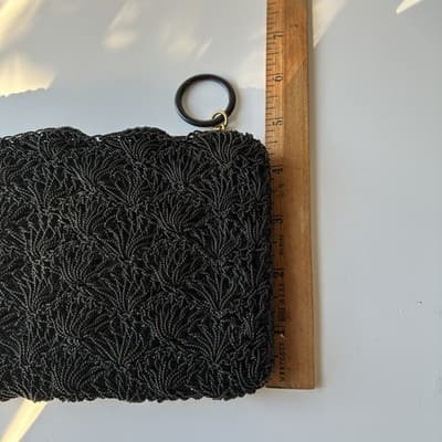 Vintage Black Beaded Scalloped Evening Clutch Bag Wallet Mini Seed Bead Retro - Thumbnail 5