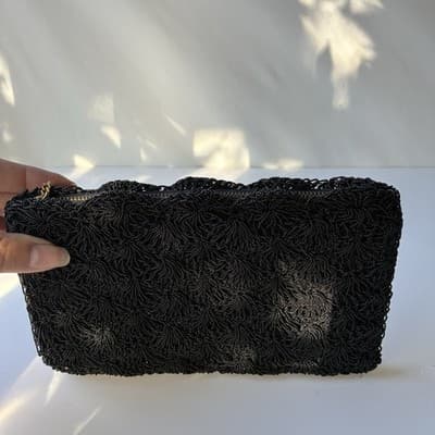 Vintage Black Beaded Scalloped Evening Clutch Bag Wallet Mini Seed Bead Retro - Thumbnail 10
