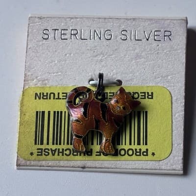 Vintage Sterling Silver 925 Cat Kitty Enameled Cloisonee Style Charm Pendant NOS - Thumbnail 6