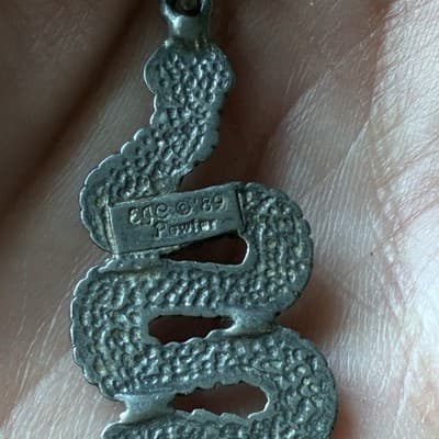 Vintage Pewter Serpent Snake Pendant Necklace with Ball Chain EGC Pewter 1989 - Thumbnail 9