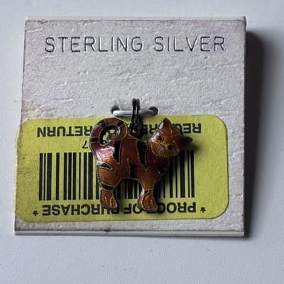 Vintage Sterling Silver 925 Cat Kitty Enameled Cloisonee Style Charm Pendant NOS - Thumbnail 7