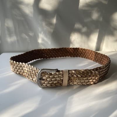VTG Linea Pelle Braided Woven Leather Belt Womens M Metallic Brass Buckle Boho