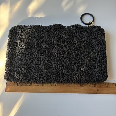 Vintage Black Beaded Scalloped Evening Clutch Bag Wallet Mini Seed Bead Retro - Thumbnail 4
