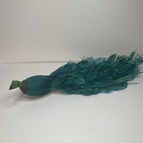 Vintage Christmas Turquoise Figural FeatheredPeacock Bird Clip On Ornament Large - Thumbnail 2