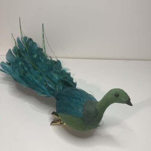 Vintage Christmas Turquoise Figural FeatheredPeacock Bird Clip On Ornament Large - Thumbnail 16