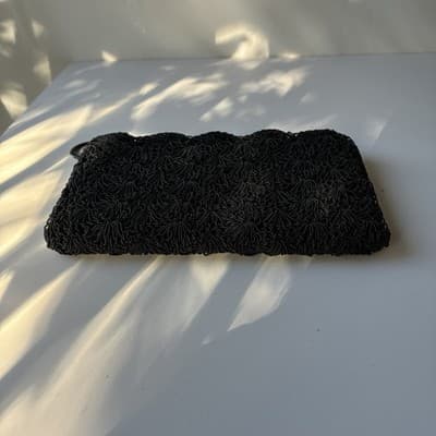 Vintage Black Beaded Scalloped Evening Clutch Bag Wallet Mini Seed Bead Retro - Thumbnail 11