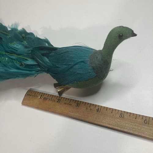 Vintage Christmas Turquoise Figural FeatheredPeacock Bird Clip On Ornament Large - Thumbnail 9
