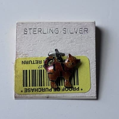 Vintage Sterling Silver 925 Cat Kitty Enameled Cloisonee Style Charm Pendant NOS