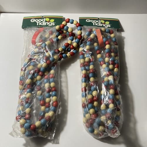 Vintage Good Tidings Christmas Wood Bead Garland Boho 2 Packs Read Description