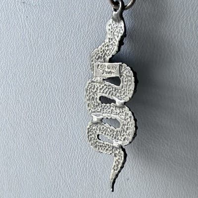 Vintage Pewter Serpent Snake Pendant Necklace with Ball Chain EGC Pewter 1989 - Thumbnail 3