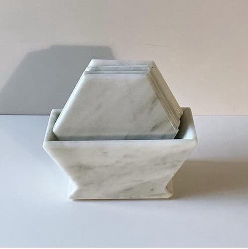 Vintage Post Modern Marble Coaster Set Bar Ware Minimalist Chic 5 Coasters Case