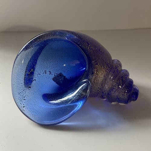 VTG Seguso Vetri D’Arte Murano Art Glass Sea Shell Cornucopia Blue Gold Flecks