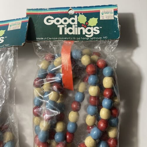 Vintage Good Tidings Christmas Wood Bead Garland Boho 2 Packs Read Description - Thumbnail 5