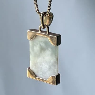 Vintage Avon Jade Pendant Necklace with 24in Chain Gold Tone Asian Motif Symbol - Thumbnail 2