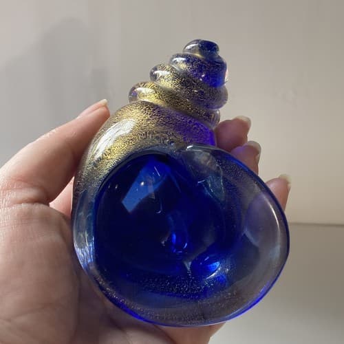 VTG Seguso Vetri D’Arte Murano Art Glass Sea Shell Cornucopia Blue Gold Flecks - Thumbnail 14