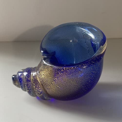 VTG Seguso Vetri D’Arte Murano Art Glass Sea Shell Cornucopia Blue Gold Flecks - Thumbnail 3