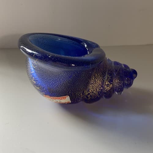 VTG Seguso Vetri D’Arte Murano Art Glass Sea Shell Cornucopia Blue Gold Flecks - Thumbnail 2