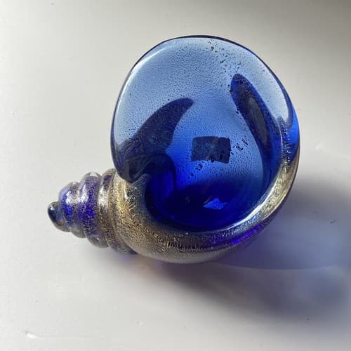 VTG Seguso Vetri D’Arte Murano Art Glass Sea Shell Cornucopia Blue Gold Flecks - Thumbnail 11
