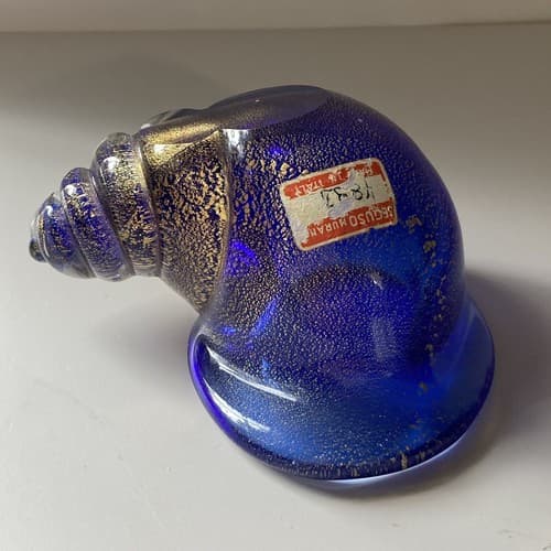 VTG Seguso Vetri D’Arte Murano Art Glass Sea Shell Cornucopia Blue Gold Flecks - Thumbnail 4
