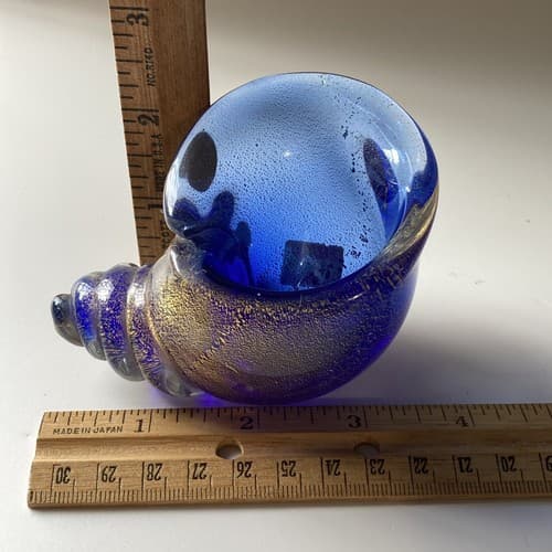 VTG Seguso Vetri D’Arte Murano Art Glass Sea Shell Cornucopia Blue Gold Flecks - Thumbnail 8