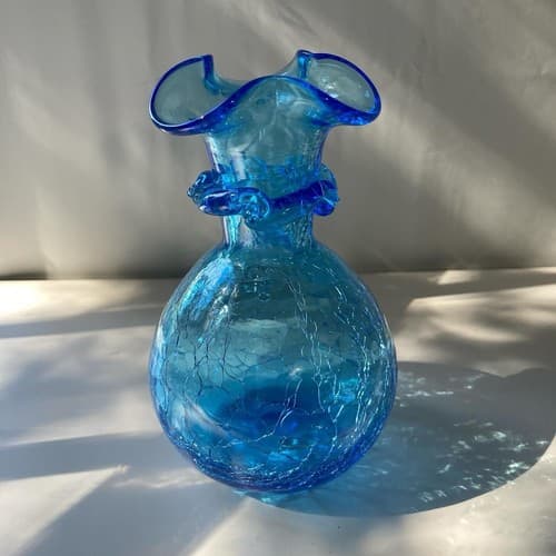 Vintage MCM Crackle Glass Mini Vase Ruffle Neck Ocean Blue Sky Blue Art Glass