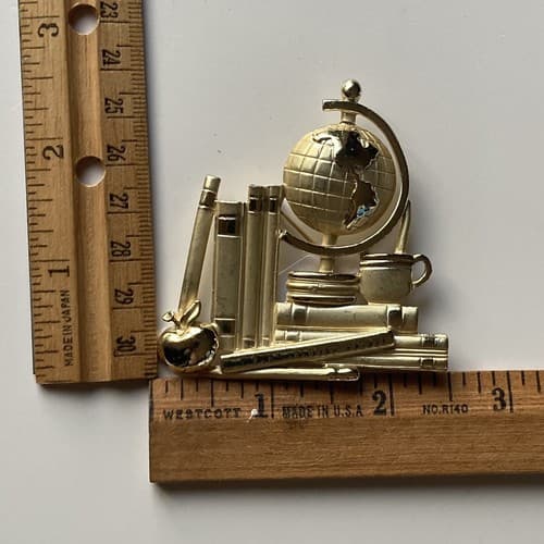 Vintage Matte Gold Tone Teacher Student Classroom Subjects Brooch Pin Globe Vtg - Thumbnail 2