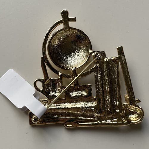 Vintage Matte Gold Tone Teacher Student Classroom Subjects Brooch Pin Globe Vtg - Thumbnail 3