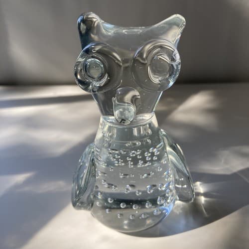 Vintage Art Glass Owl Paperweight Figurine Clear Bullicante Controlled Bubbles - Thumbnail 8