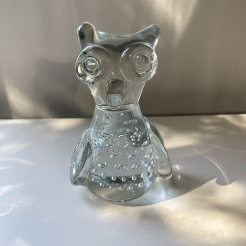 Vintage Art Glass Owl Paperweight Figurine Clear Bullicante Controlled Bubbles - Thumbnail 9