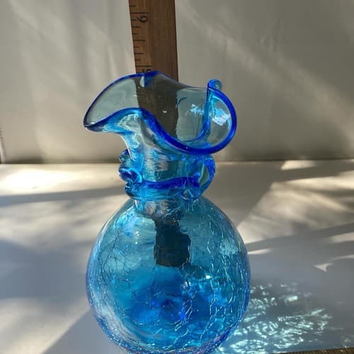 Vintage MCM Crackle Glass Mini Vase Ruffle Neck Ocean Blue Sky Blue Art Glass - Thumbnail 3