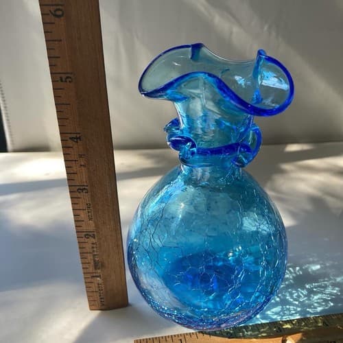 Vintage MCM Crackle Glass Mini Vase Ruffle Neck Ocean Blue Sky Blue Art Glass - Thumbnail 2